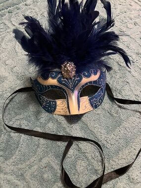 Hand Crafted Blue and White Feathered Masquerade Mask OSFM